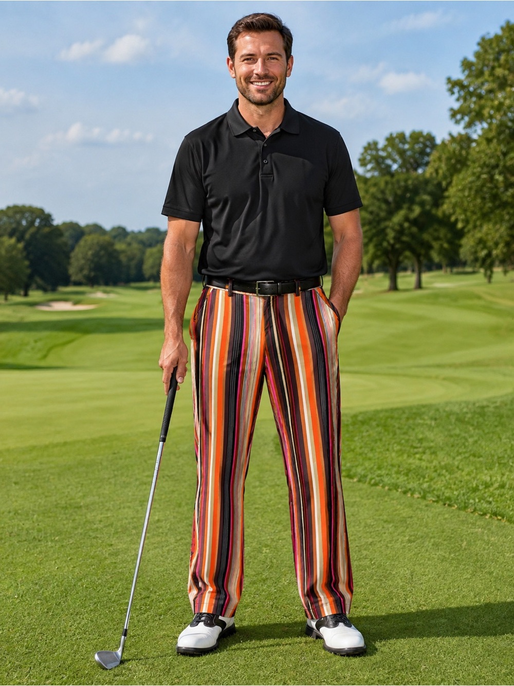 Loudmouth Golf Pink & Groovy Pants Men 34 Multicolor Stripe Made USA Retro 34x30